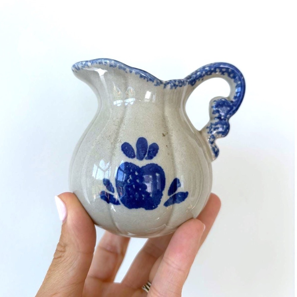 Blue and White Stoneware‎ Floral Creamer Pitcher Hand Painted Scrolled Handle 4"